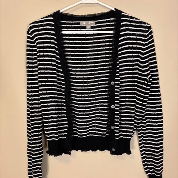 J. Crew Black & White Striped Lace Trim Button Front Cardigan Sweater Small - Picture 3 of 5